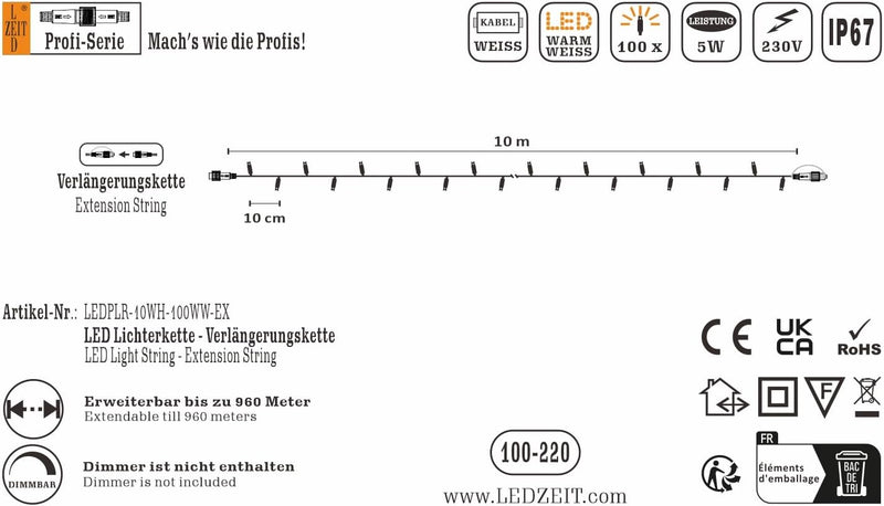 LEDZEIT - Profi Serie - Verlängerung Lichterkette, Ohne Netzkabel, Dauerlicht, 10m, 100 Warmweiss LE