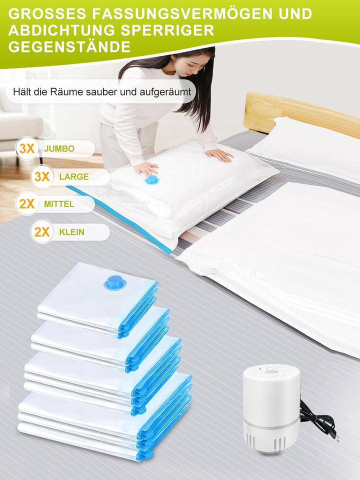 Vakuumbeutel für Kleidung mit Elektrischer Luftpumpe, PARPAT 10 Stück (3 Jumbo 100x80cm &3 Gross 80x