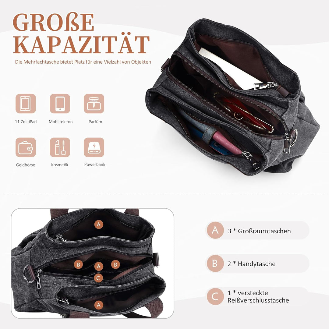 DIRRONA Canvas Tasche Damen – Vintage Handtasche Damen, Grosse Umhängetasche mit Mehreren Fächern, V