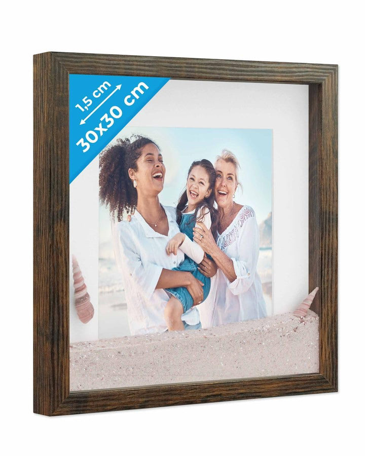 PHOTOLINI 3D Bilderrahmen zum Befüllen 30x30 Eiche dunkel gross, 1,5 cm tiefer Objektrahmen mit Glas