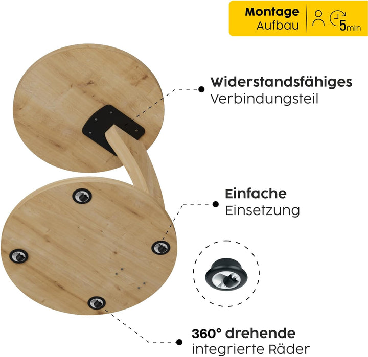 sugodesign Couchtisch mit Rollen, Kleiner Beistelltisch C Form, stylischer Sofatisch in schöner Eich