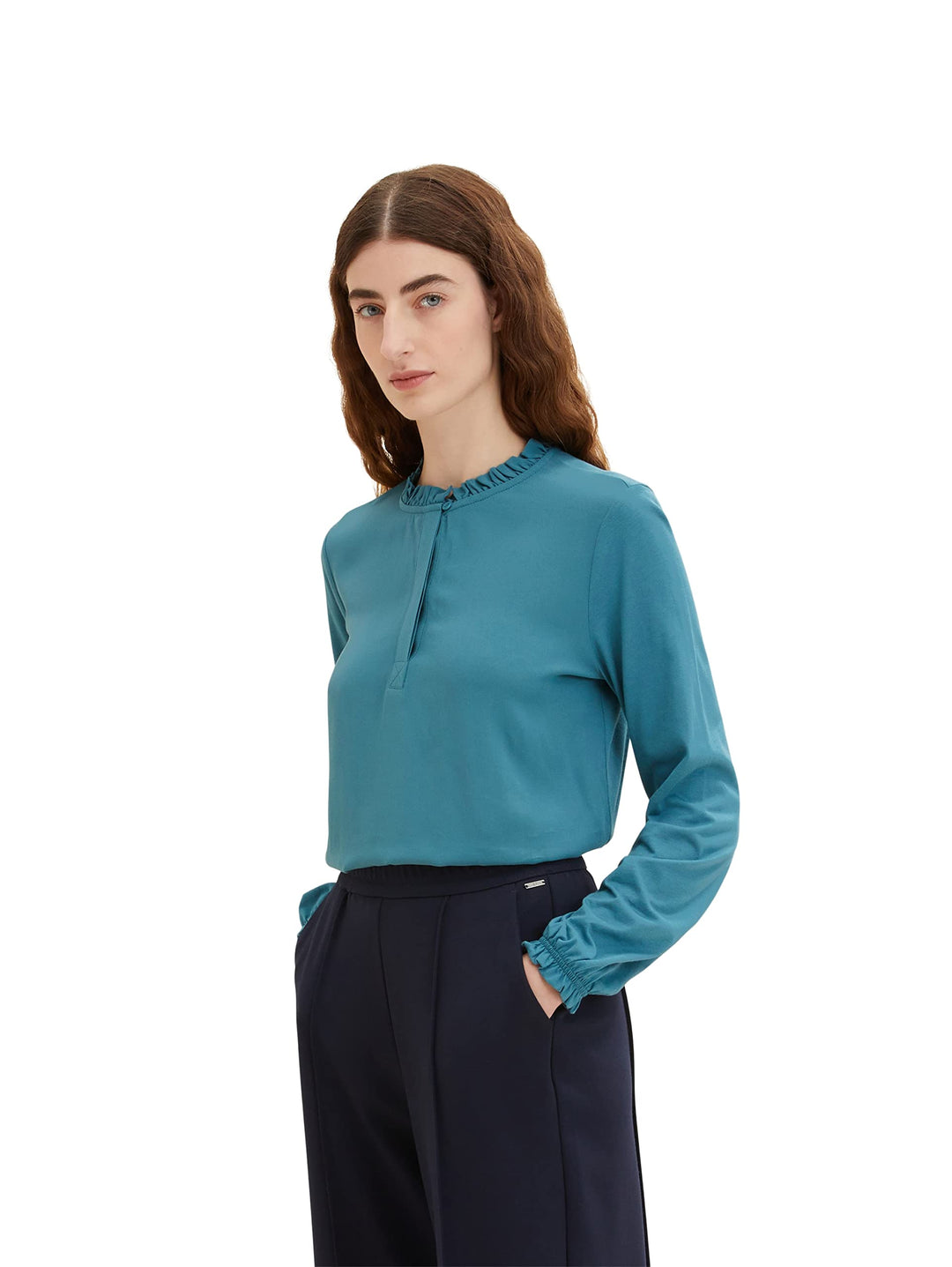 TOM TAILOR Damen Langarmshirt mit Rüschendetail L 13222 - Pastel Teal, L 13222 - Pastel Teal
