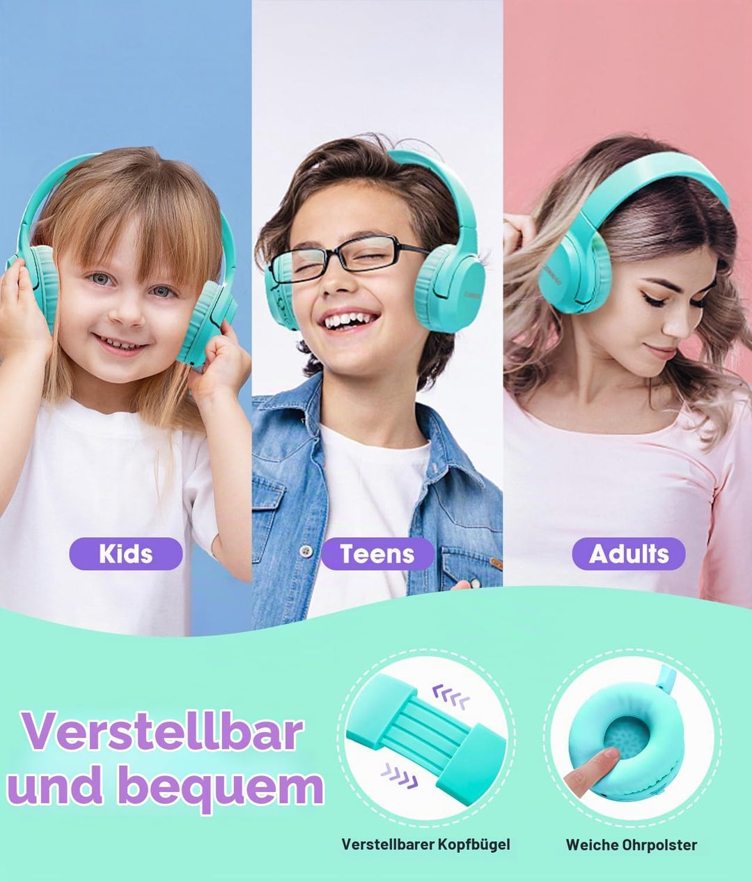 Kinder Kopfhörer Wireless 60H, Faltbare On Ear Kopfhörer mit MIC, Lautstärkebegrenzer 85dB/94dB Drah