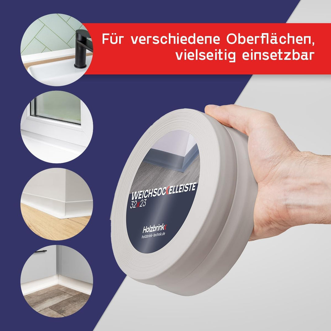 HOLZBRINK Weichsockelleiste selbstklebend ASCHGRAU Knickleiste, 32x23mm, 25 Meter 25m Aschgrau, 25m