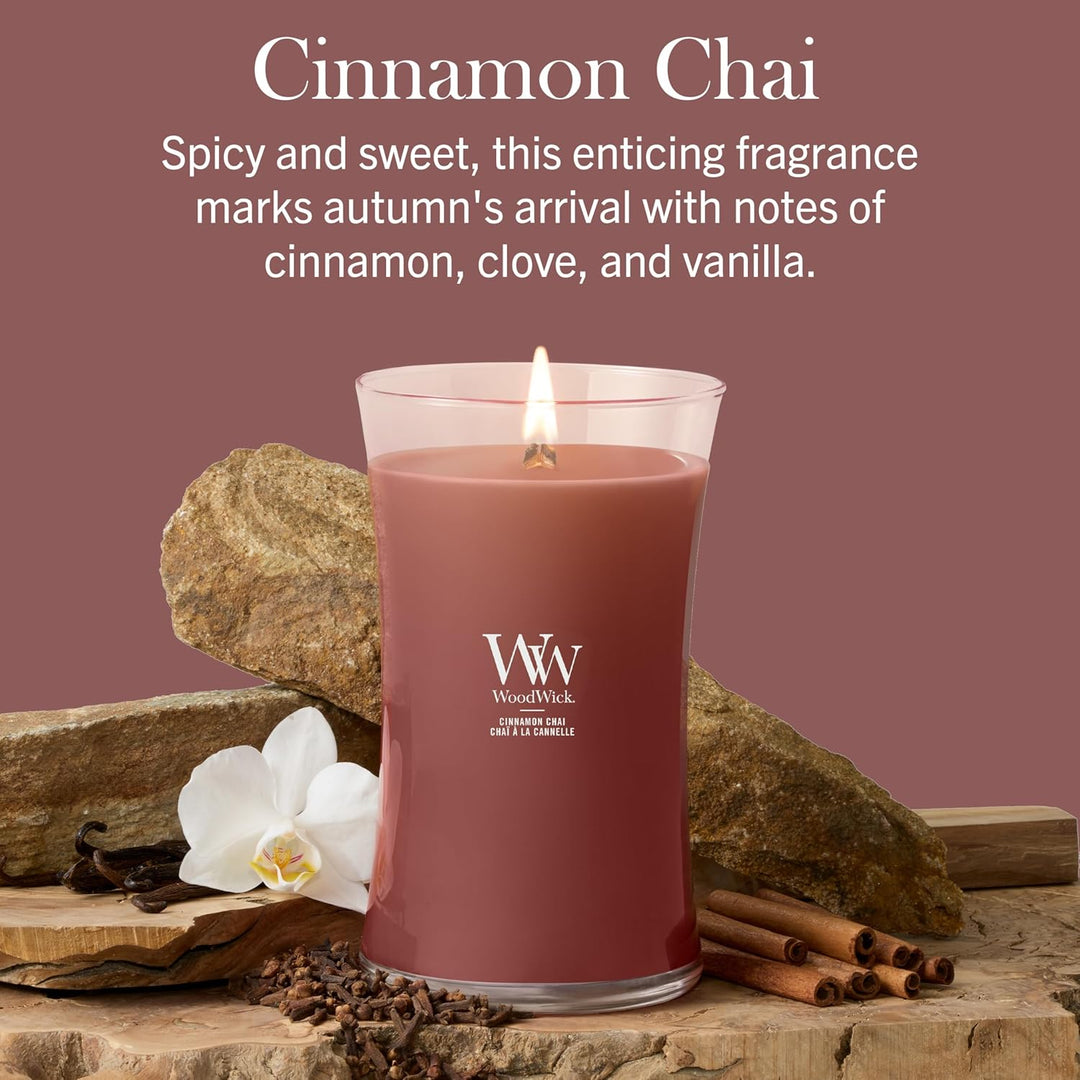 Grosse WoodWick Duftkerze im Sanduhrglas mit knisterndem Docht, Cinnamon Chai, bis zu 130 Stunden Br