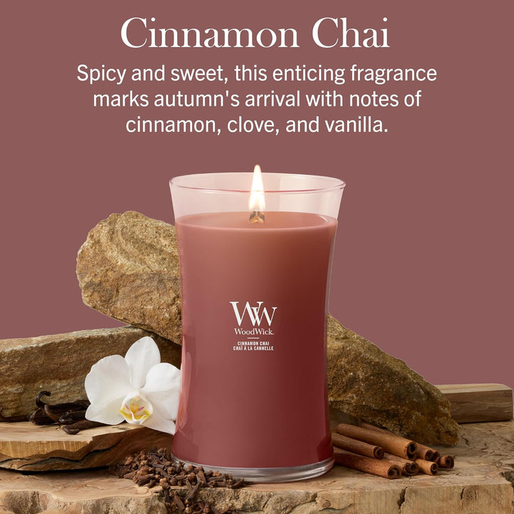 Grosse WoodWick Duftkerze im Sanduhrglas mit knisterndem Docht, Cinnamon Chai, bis zu 130 Stunden Br