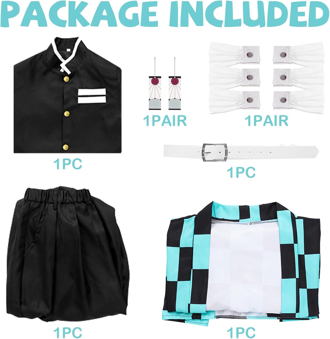 Alaiyaky Tanjirou Cosplay Kostüm mit Earrings, Demon Slayer Tanjirou Cosplay Kimono Halloween Jacke