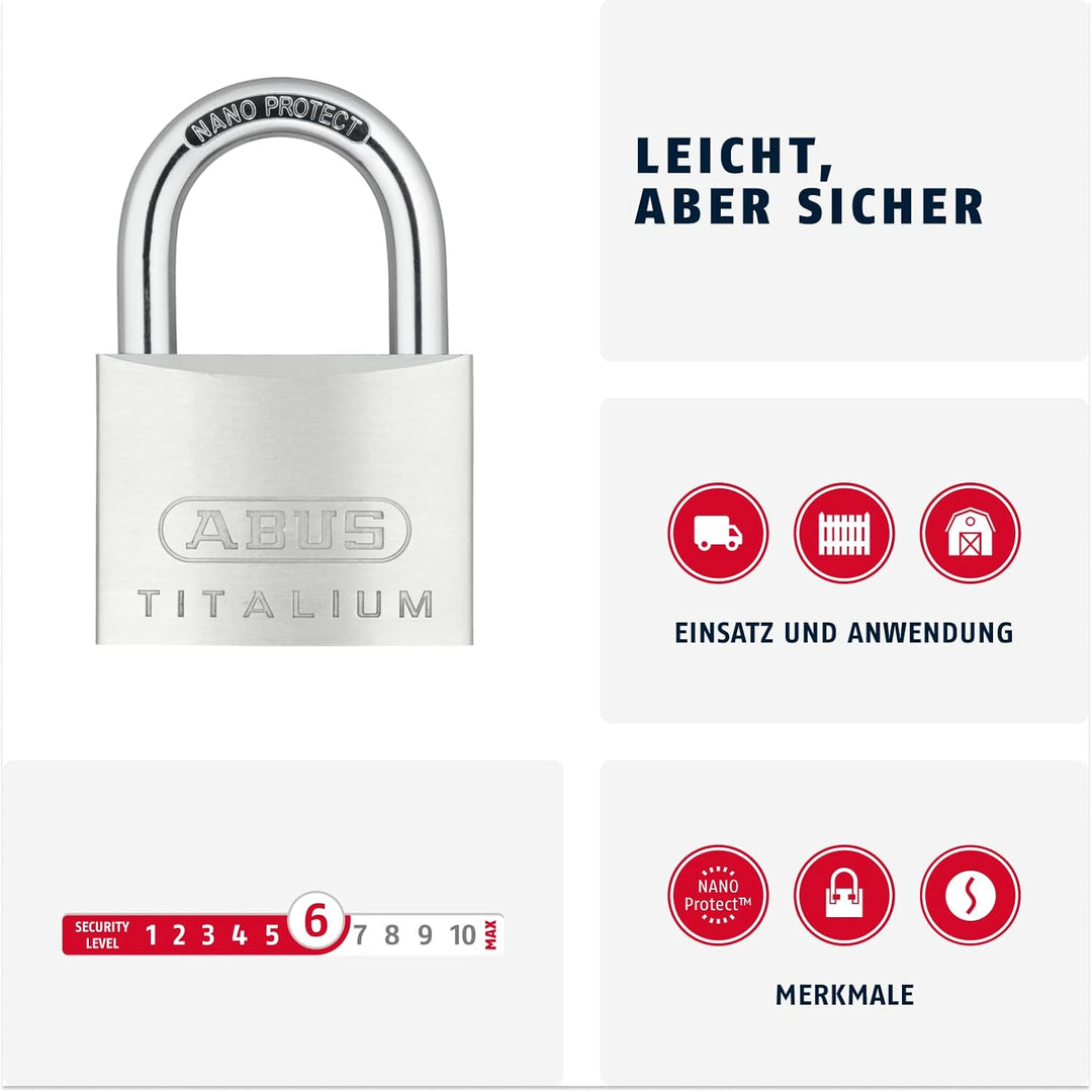 ABUS Vorhängeschloss Titalium 64TI/60 - Kellerschloss mit Schlosskörper aus Spezial-Aluminium - gehä