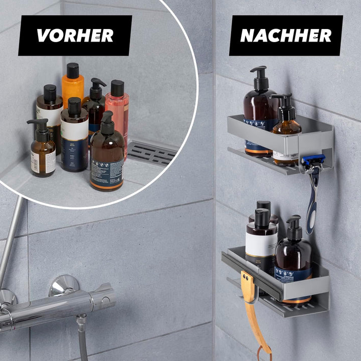 BENKSTEIN Duschablage 2er-Set | Duschregal – zum Kleben oder Bohren | Duschkorb zum Hängen – ohne Bo