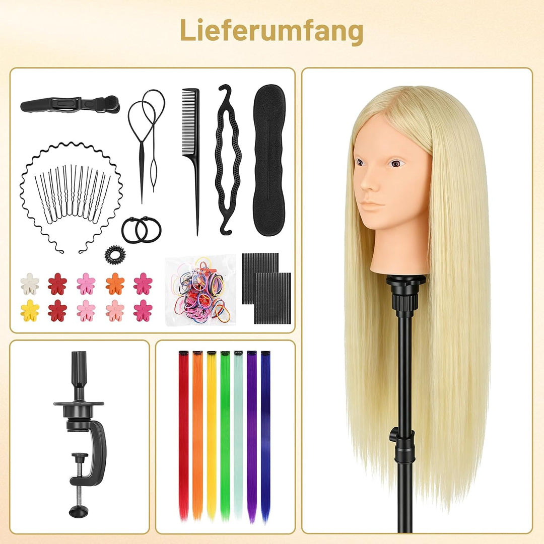 TwoWin Friseurkopf mit Haaren, 26 Zoll (66 cm) 80% Echthaar Mannequin Kopf, Make-up Übungskopf, Trai