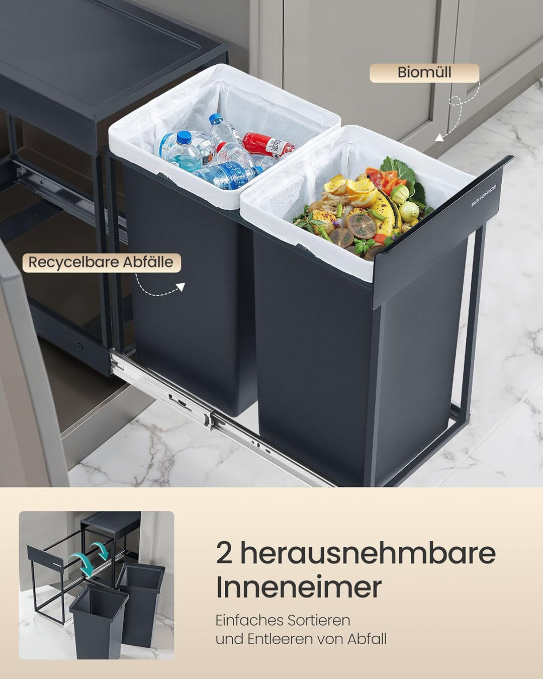 SONGMICS Mülleimer küche, Mülltrennsystem für Unterschrank, 2 x 15 L, Abfalleimer 2 Fächer, ausziehb