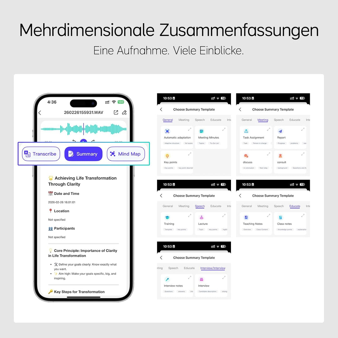 SKARA KI Diktiergerät mit Transkription, Mini Aufnahmegerät mit Spracherkennung &amp; AI Zusammenfassung