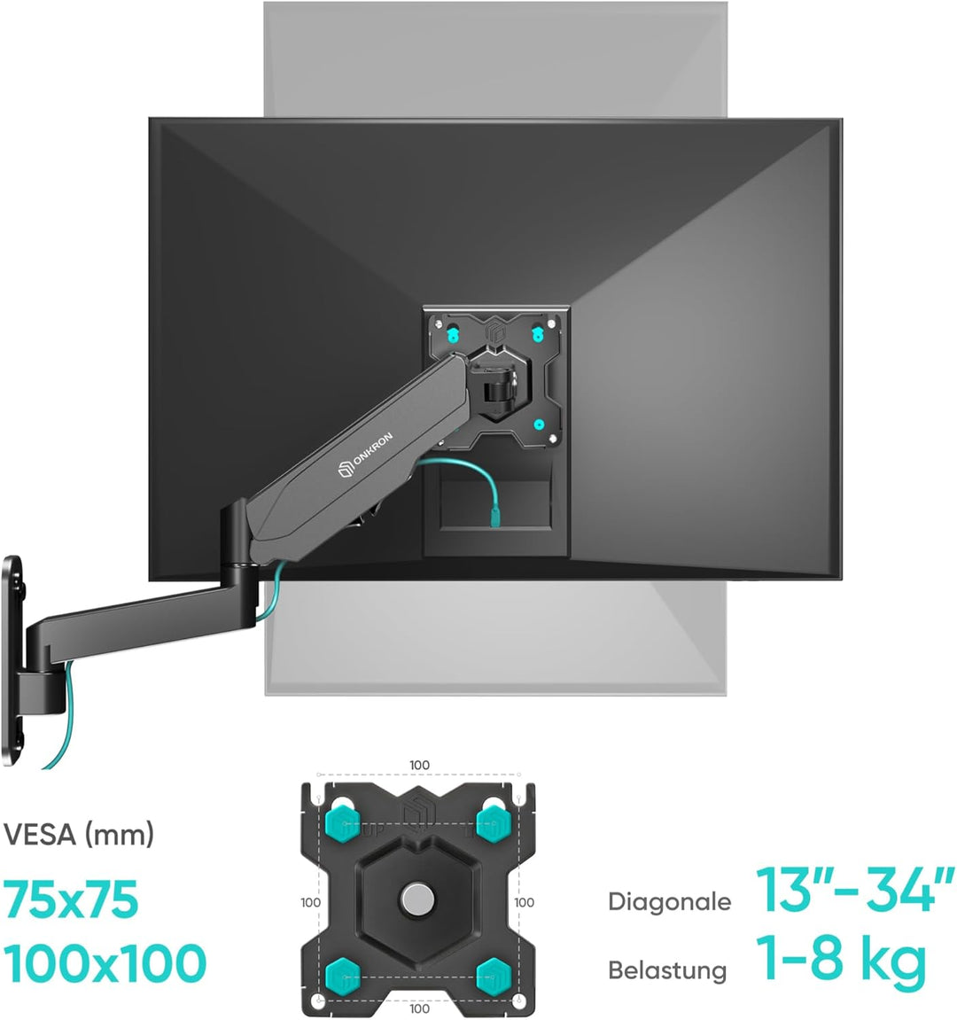 ONKRON Monitor Halterung, Wandhalterung drehbar, schwenkbar, neigbar für 13-34 Zoll Bildschirme, VES