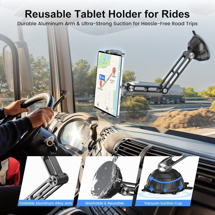 PLDHPRO Tablet Halterung Auto Vorne, Aluminium Arm iPad Halterung Saugnapf, Verstellbare Tablethalte