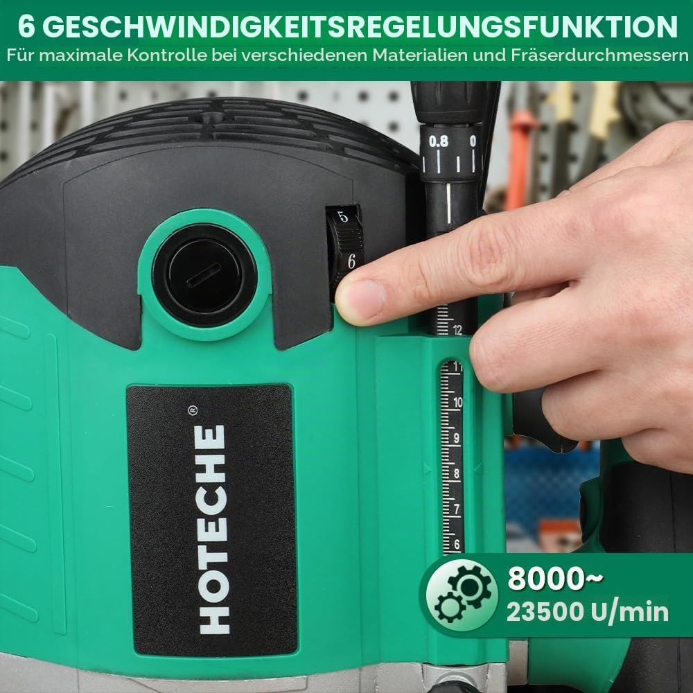 Hoteche 2100W 12MM Oberfräse, 8000-23500 U/min, 55MM Arbeitstiefe, Aluminium-Grundplatte, inkl. Zube