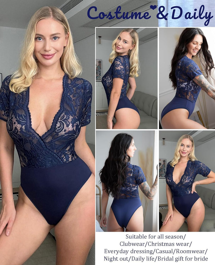Avidlove Damen Lace Body Sexy Kurzarm Bodysuit Bluse V Ausschnitt Mesh Tops Elegante Oberteile Mit S
