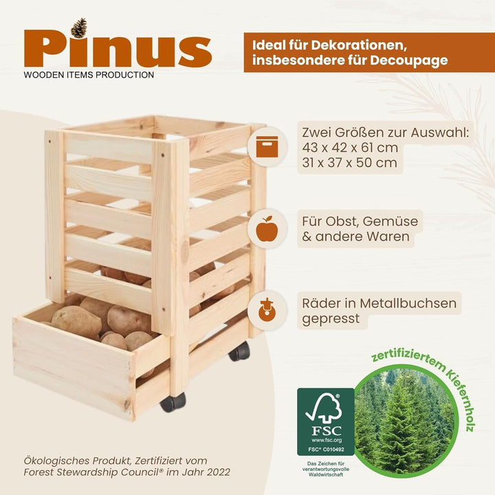 Pinus Holzkiste auf Rollen 31x37x50 cm Obstkiste Kartoffelkiste, 31x37x50 cm