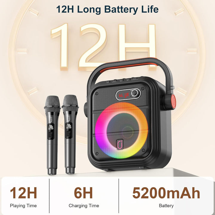 JYX Karaoke Maschine mit 2 kabellose Mikrofones, Tragbaren Bluetooth Lautsprecher mit RGB-Licht Unte