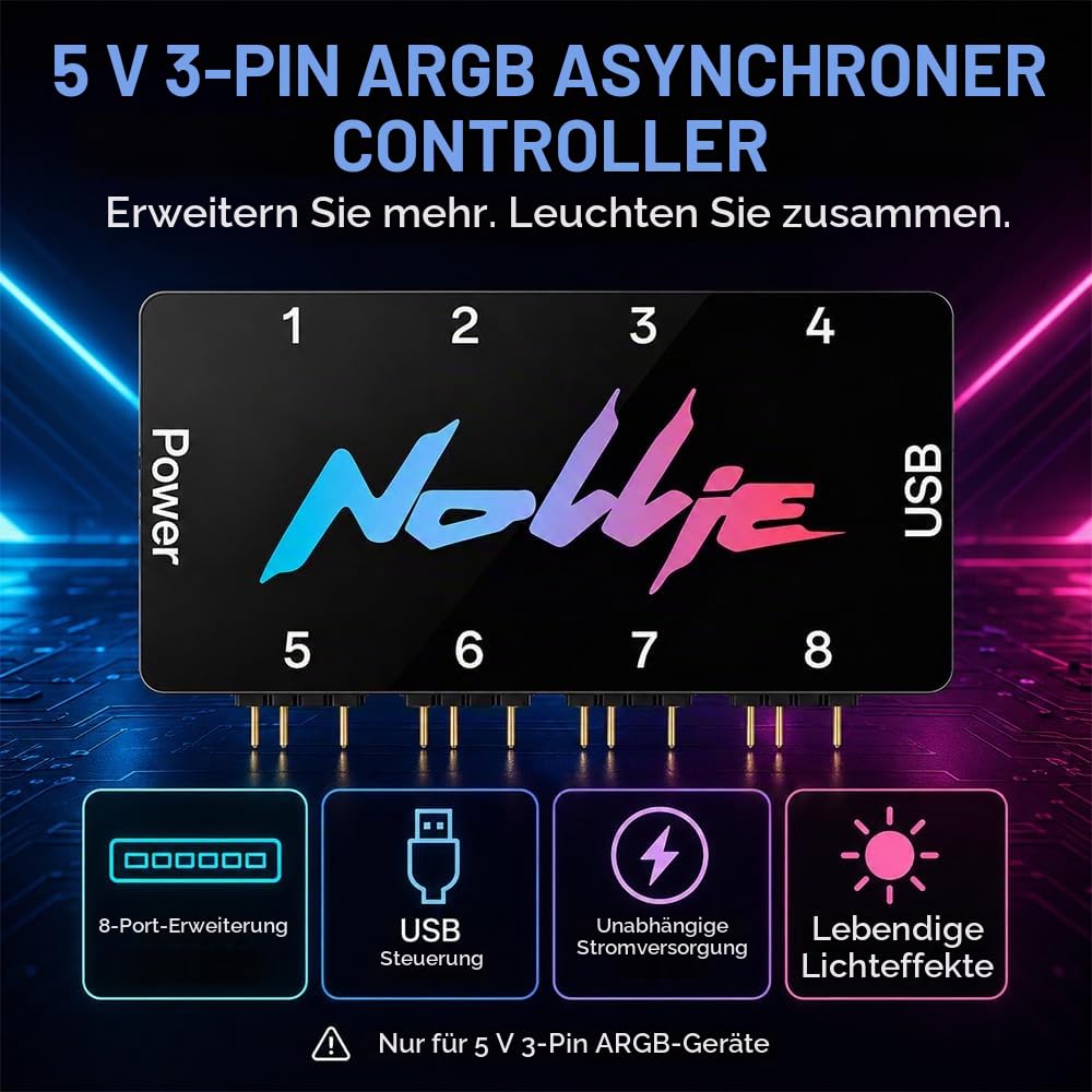 8-Port RGB Controller, ARGB Controller Sata Gespeister, 5V 3Pin ARGB Splitte, PC Beleuchtungs Hub