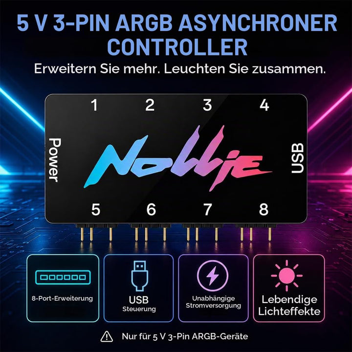 8-Port RGB Controller, ARGB Controller Sata Gespeister, 5V 3Pin ARGB Splitte, PC Beleuchtungs Hub