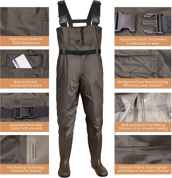 Croch Wathose für Herren Damen Anglerhose Wasserdicht PVC Nylon mit Gummi Watstiefel Grösse 38-47 Pe