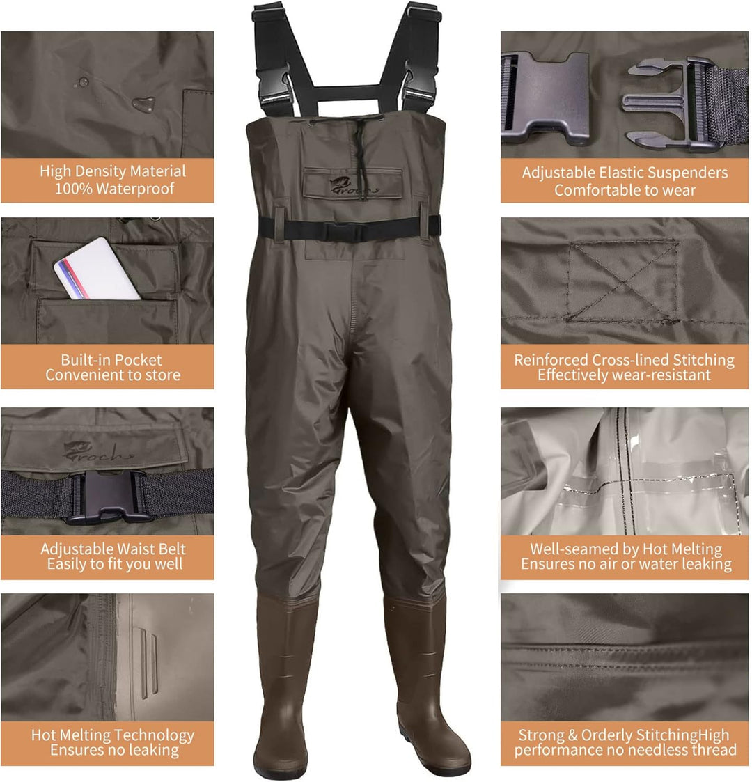 Croch Wathose für Herren Damen Anglerhose Wasserdicht PVC Nylon mit Gummi Watstiefel Grösse 38-47 Pe