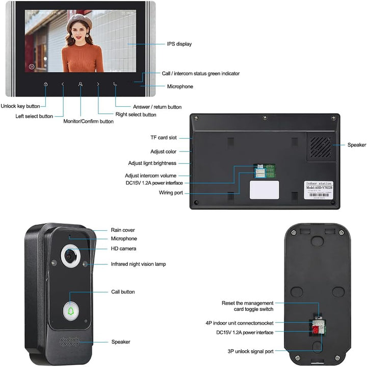 Kabelgebundene Video-Gegensprechanlage, 7-Zoll-Video-Türklingelkamera mit Monitor, Kabelgebundene Vi