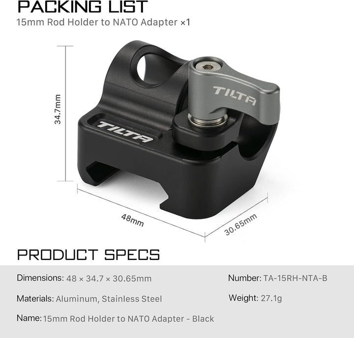 TILTA 15mm Rod Holder to Adapter 15mm Rutenhalter auf NATO-Adapter, 15mm Rutenhalter auf NATO-Adapte