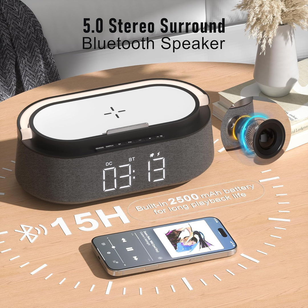 COLSUR Radiowecker Digital mit Wireless Charger, Bluetooth Lautsprecher mit USB-Ladegerät, Smart Wec