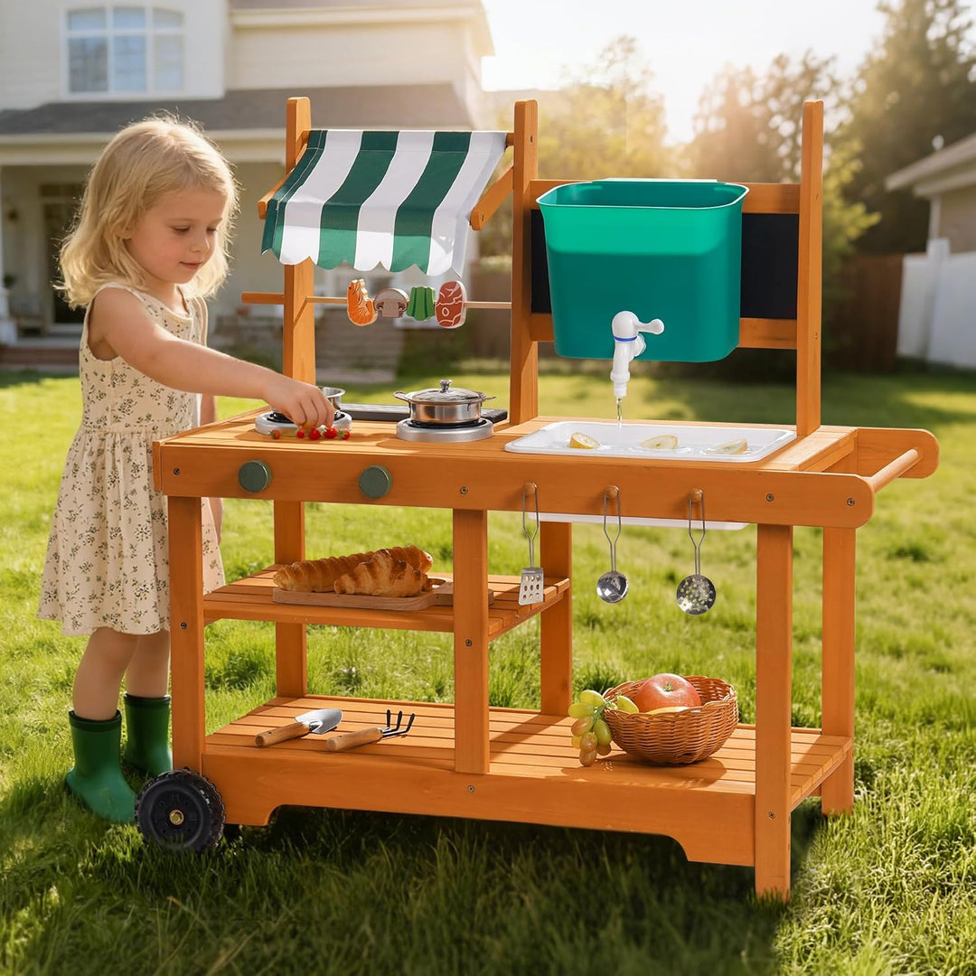 ROBUD Matschküche Kinder Outdoor, Holz Spielküche mit Rädern, Grill, grossem Wassertank & Echtem Was