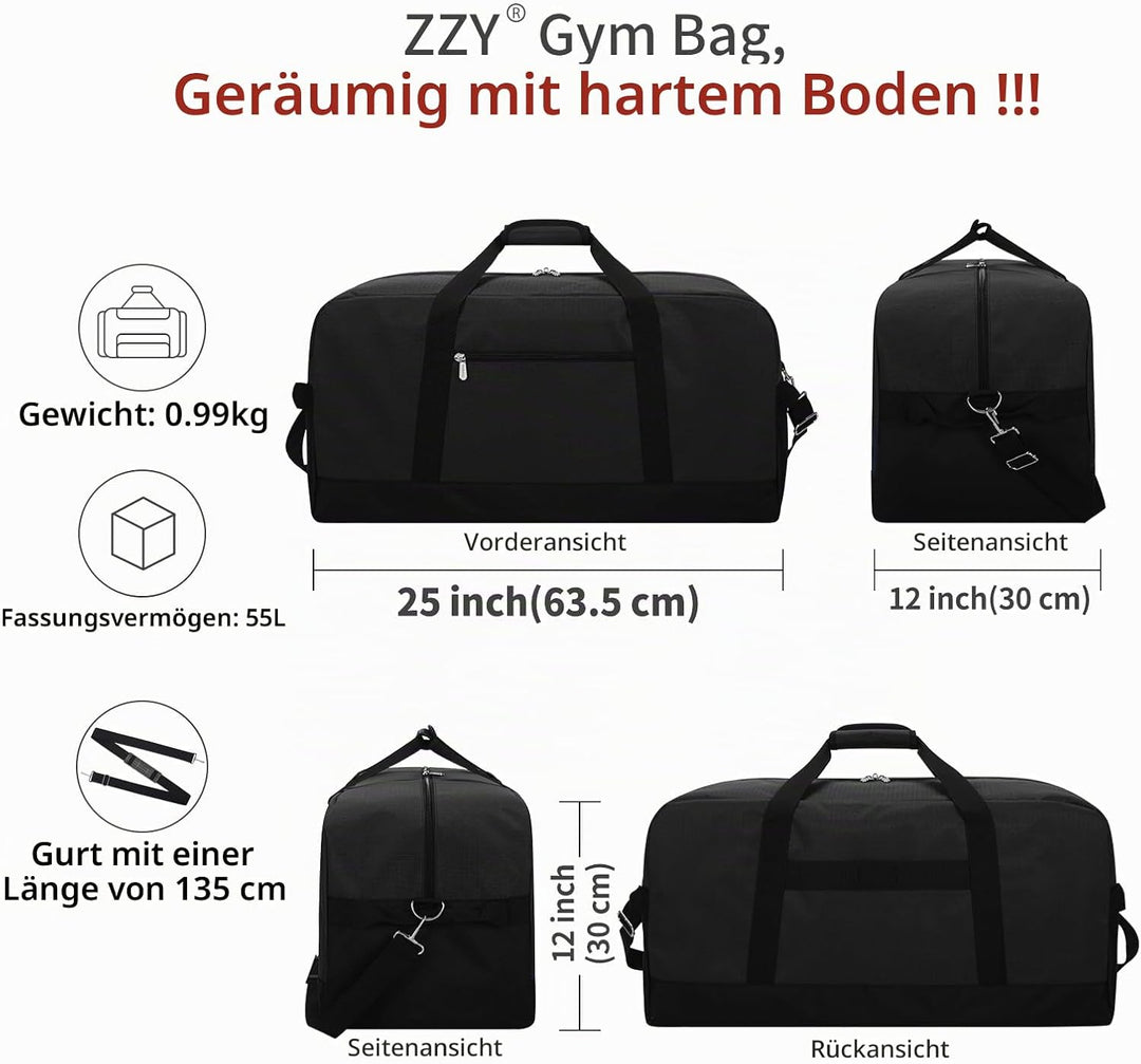 ZZY 55L Sporttasche Herren Gym Sport Tasche - 25 Zoll Reisetasche Duffle Bag mit Hartboden für Woche
