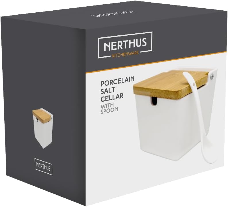 NERTHUS FIH 1335: Porzellan-Salzstreuer mit extragrossem quadratischem Holzdeckel und Löffel, Elegan