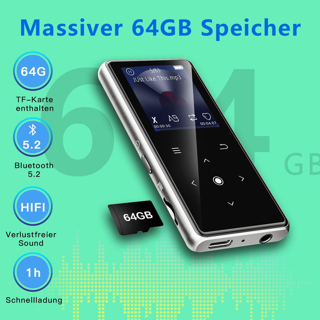 64GB MP3 Player with Bluetooth 5.2, AiMoonsa Music Player with Built-in HD Speaker, FM Radio, Voice