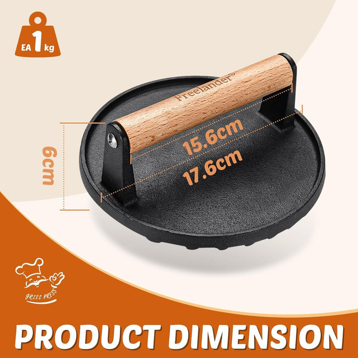 Freelander Burger Smasher Gusseisen, Gross Smash Burger Press Rund 1kg mit Hitzeabweisendem Griff, G
