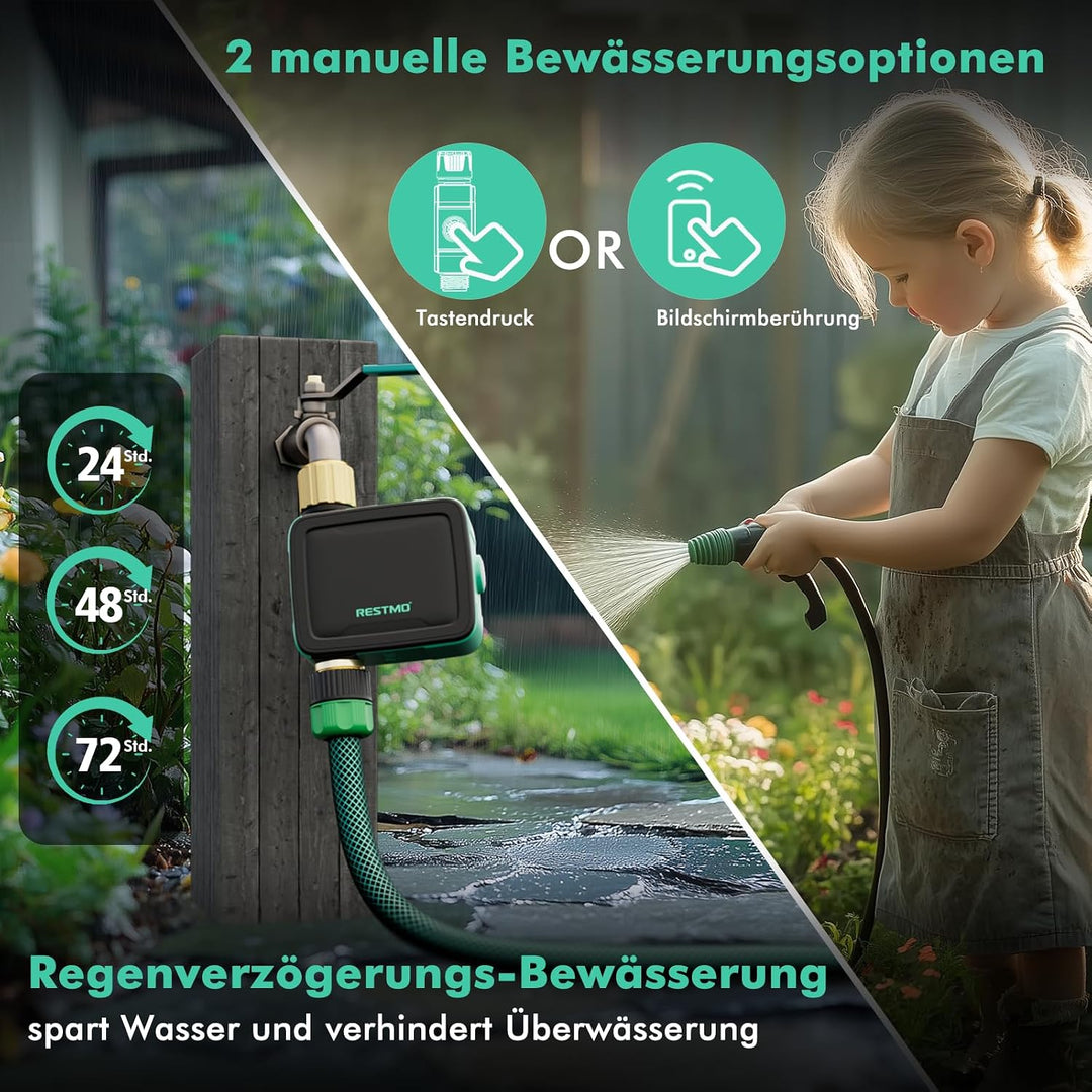 RESTMO Bewässerungscomputer 1 Ausgänge, Bluetooth Bewässerungstimer | App-Steuerung, 3 Modi (auto/ma