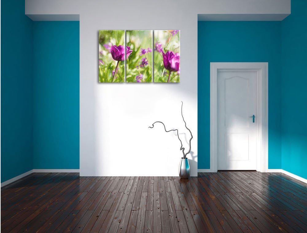 Pixxprint Blumen im Sonnenschein / 3-Teilig/Gesamtmass 120cm Leinwandbild bespannt auf Holzrahmen/Wa