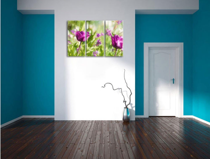 Pixxprint Blumen im Sonnenschein / 3-Teilig/Gesamtmass 120cm Leinwandbild bespannt auf Holzrahmen/Wa