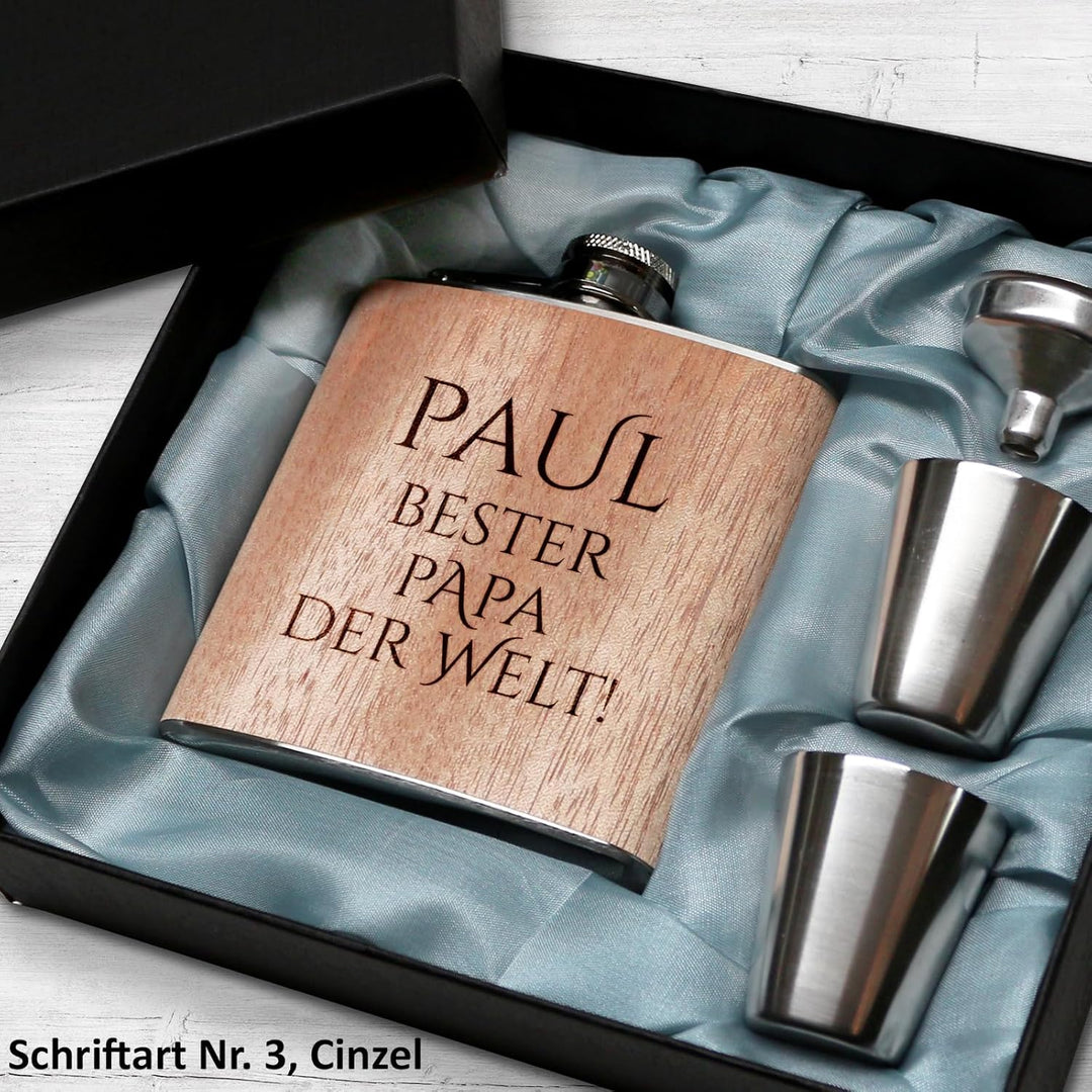 Flachmann mit Gravur. Edelstahl Flachmann personalisiert. Geschenke für Männer. Holz, Holz