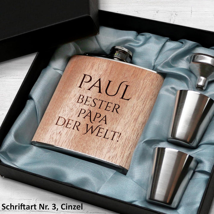 Flachmann mit Gravur. Edelstahl Flachmann personalisiert. Geschenke für Männer. Holz, Holz