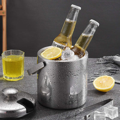 Emsmil Eiseimer mit Deckel Zange und Sieb 1.3L Eiskübel Edelstahl Doppelstöckiger Design Eisbehälter