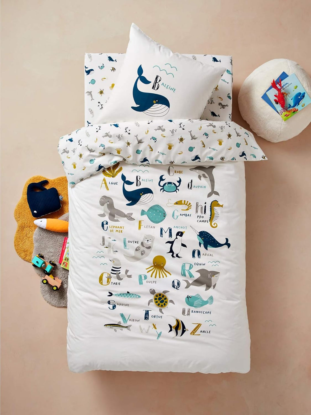 Vertbaudet Kinder Bettwäsche-Set Meerestiere wollweiss 140X150 - Kissen 63X63 140X150 - KISSEN 63X63