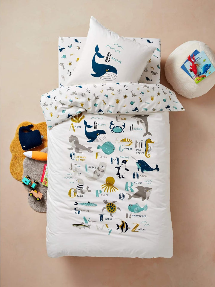 Vertbaudet Kinder Bettwäsche-Set Meerestiere wollweiss 140X150 - Kissen 63X63 140X150 - KISSEN 63X63