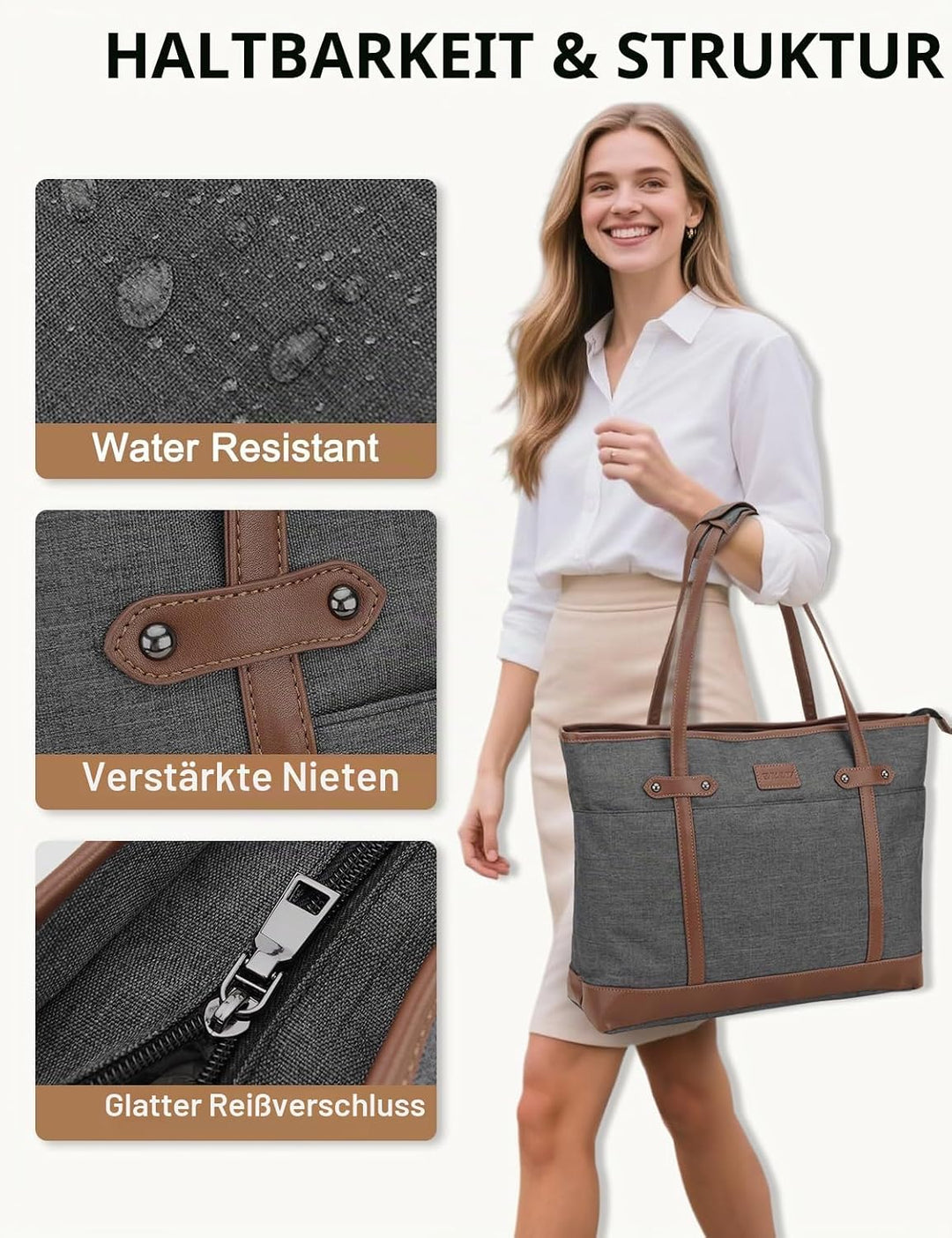 RAVUO Laptoptasche Damen, Wasserdichte Handtasche Elegant Lehrertasche Gross Aktentasche 15.6 zoll L