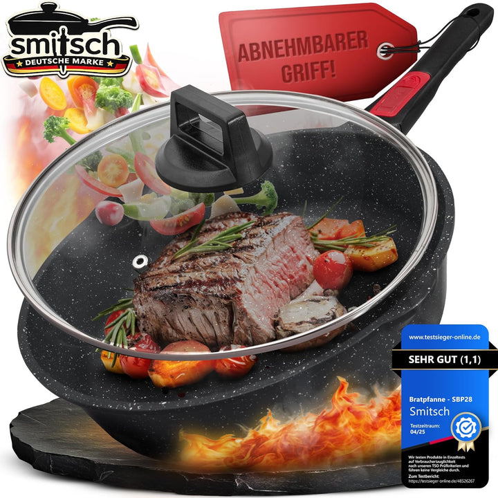 Bratpfanne 28cm mit Deckel – Beschichtet, abnehmbarer Griff, spülmaschinenfeste,ofenfeste pfanne,pfa