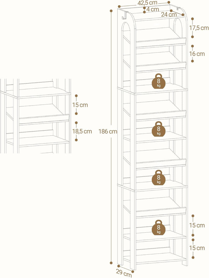 Hzuaneri Vertikales Schuhregal, 11 Ebenen Schmale Schuhregale, Holz-Schuh-Organizer für Schrank, Ein