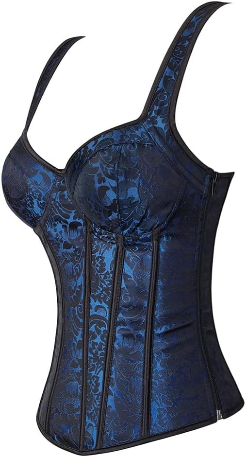 Grebrafan Damen Korsagen Blumendruck Vollbrust Corsage Retro Taillen Korsett, Dunkelblau