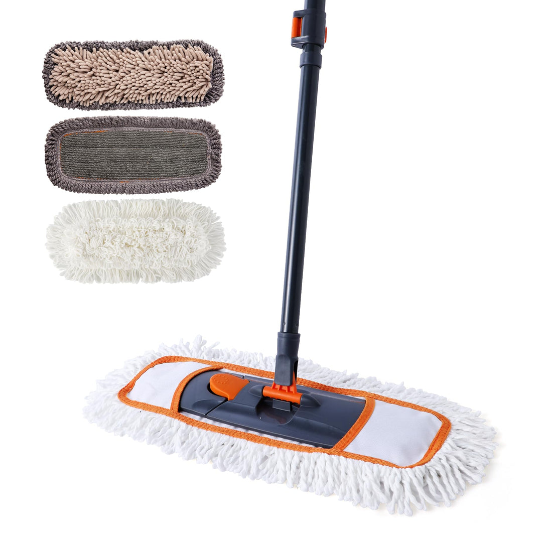 CLEANHOME Bodenwischer Set mit 3 Waschbare Fasermopp-Pads und Ausziehbaren Langen Stiel（112-140CM）,