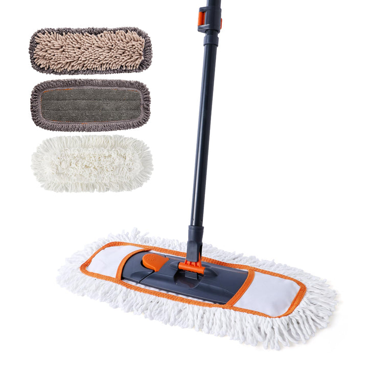 CLEANHOME Bodenwischer Set mit 3 Waschbare Fasermopp-Pads und Ausziehbaren Langen Stiel（112-140CM）,