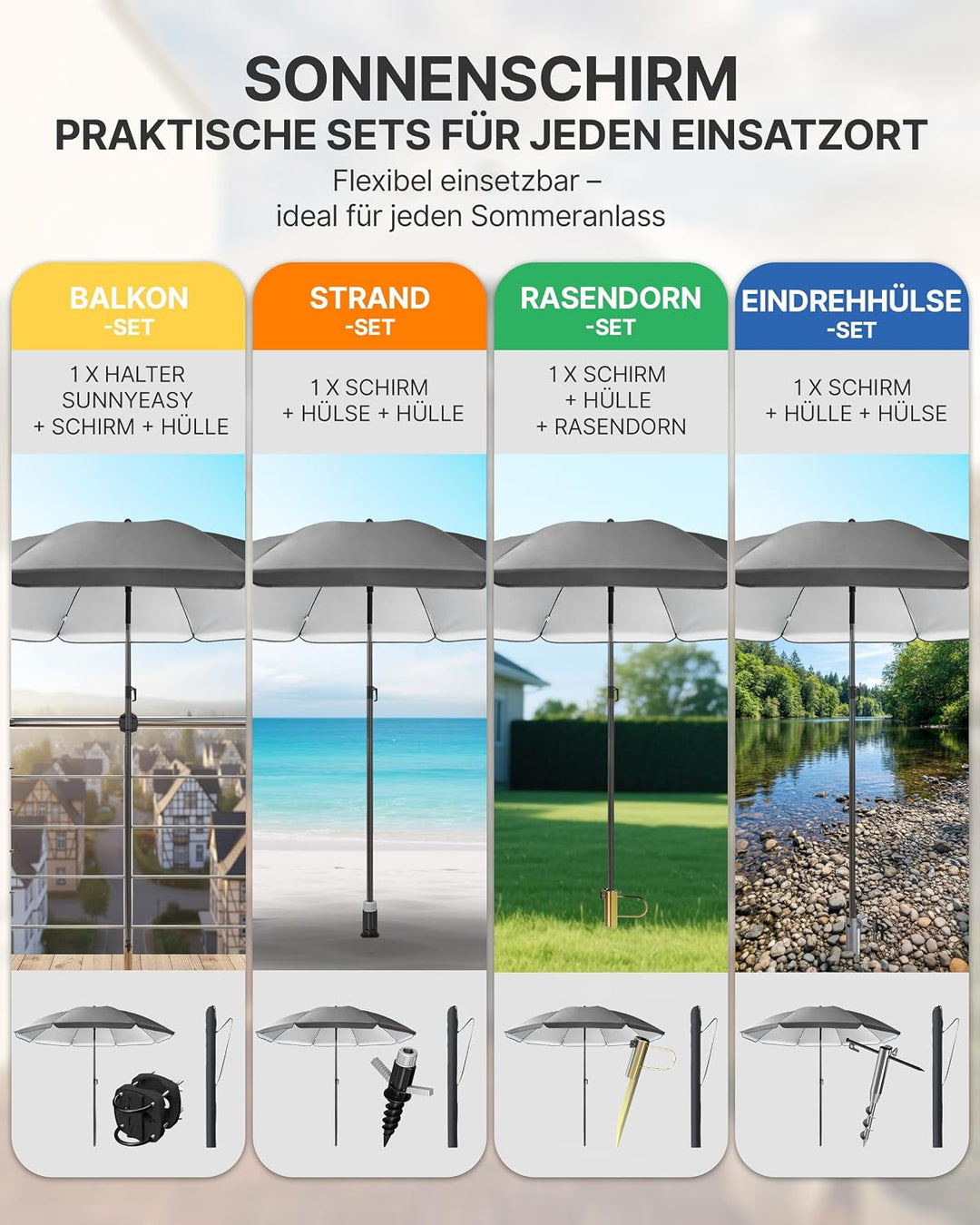 4smile Sonnenschirm Strand Ø 200 cm, Anthrazit, Sonnenschirm Balkon | Strandschirm windfest stabil,