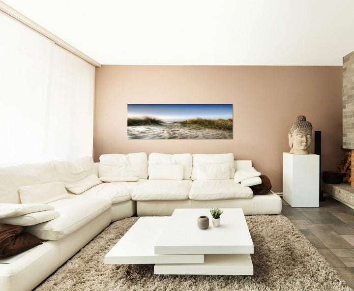 Paul Sinus Art Panoramabild auf Leinwand und Keilrahmen 150x50cm Sanddüne Gräser Meerblick Himmel